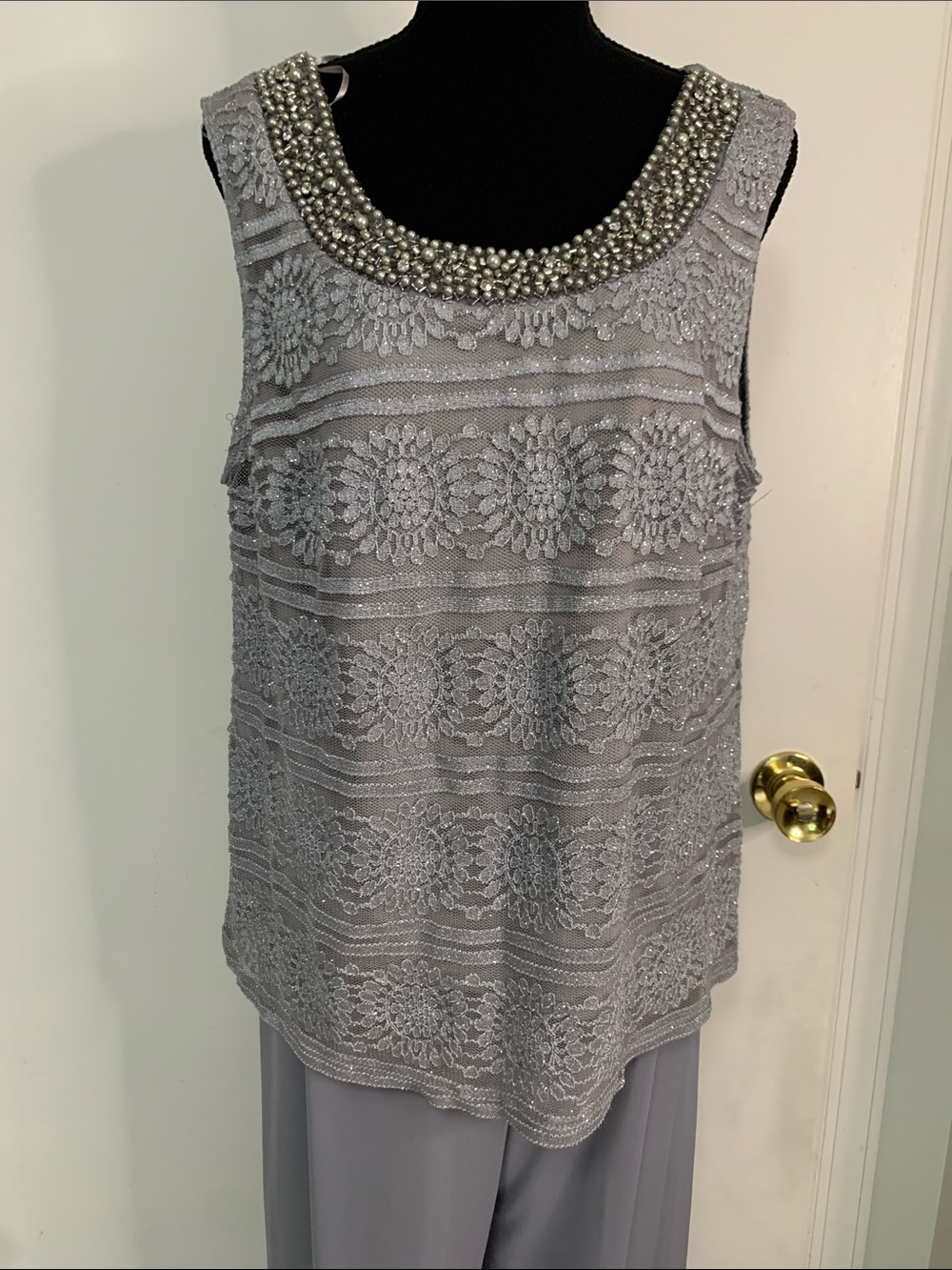 R&M Richards Silver Grey Beaded Lace Wide-Leg Jumpsuit 3 piece Set NWT Size 18 - Picture 6 of 17